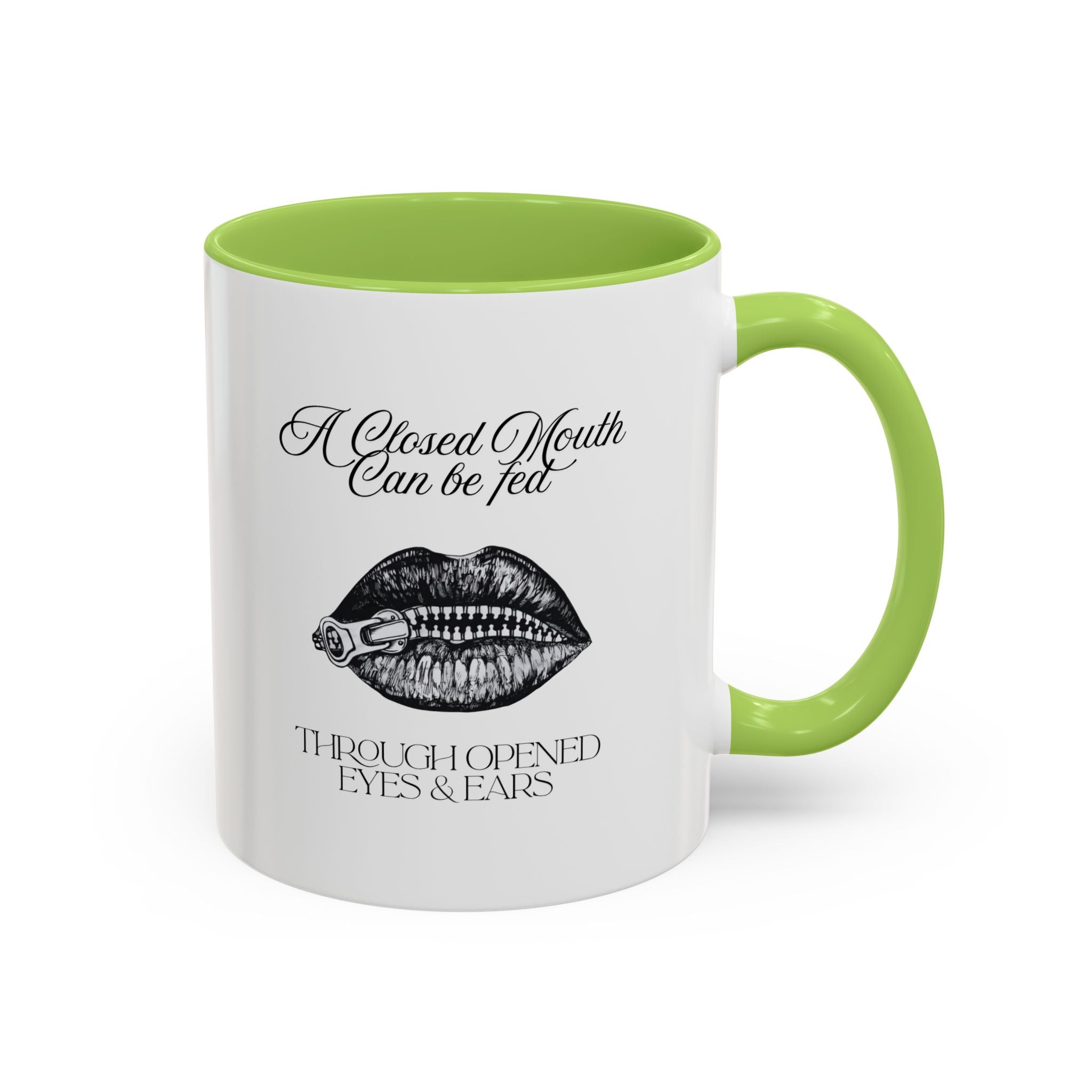 Motivational Travel Ceramic Mug— "A Closed Mouth Can Be Fed" Vintage Lip Illustration Accent Mug (11/15oz)