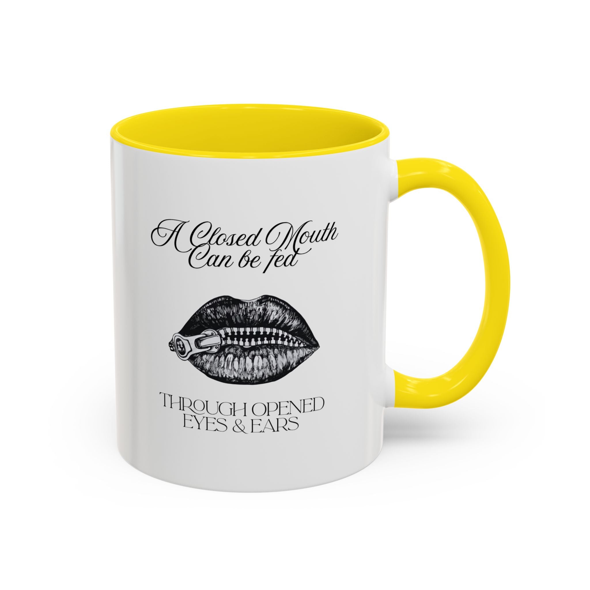 Motivational Travel Ceramic Mug— "A Closed Mouth Can Be Fed" Vintage Lip Illustration Accent Mug (11/15oz)