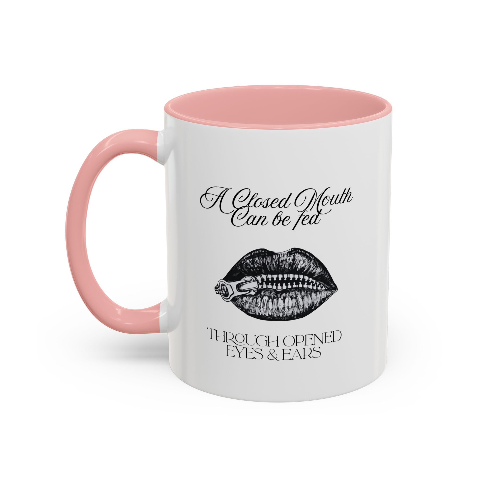 Motivational Travel Ceramic Mug— "A Closed Mouth Can Be Fed" Vintage Lip Illustration Accent Mug (11/15oz)