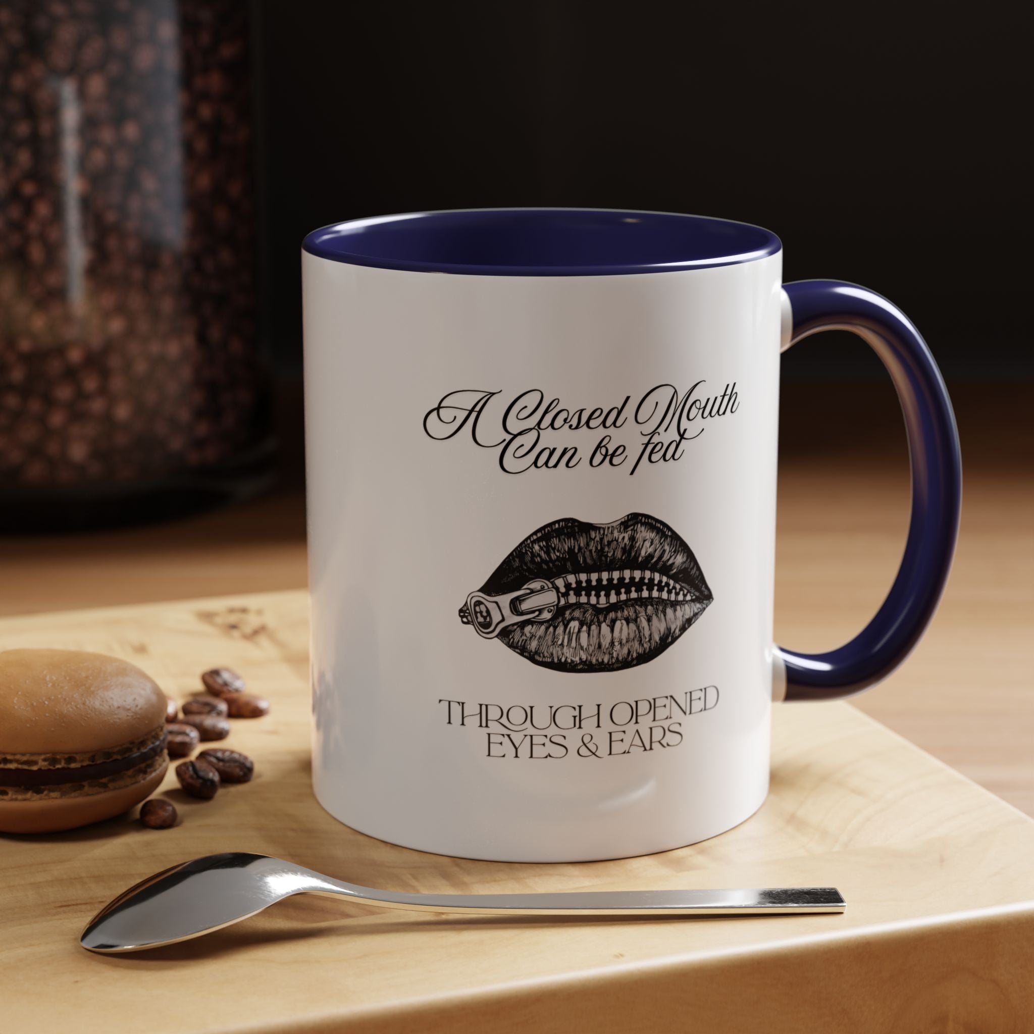 Motivational Travel Ceramic Mug— "A Closed Mouth Can Be Fed" Vintage Lip Illustration Accent Mug (11/15oz)