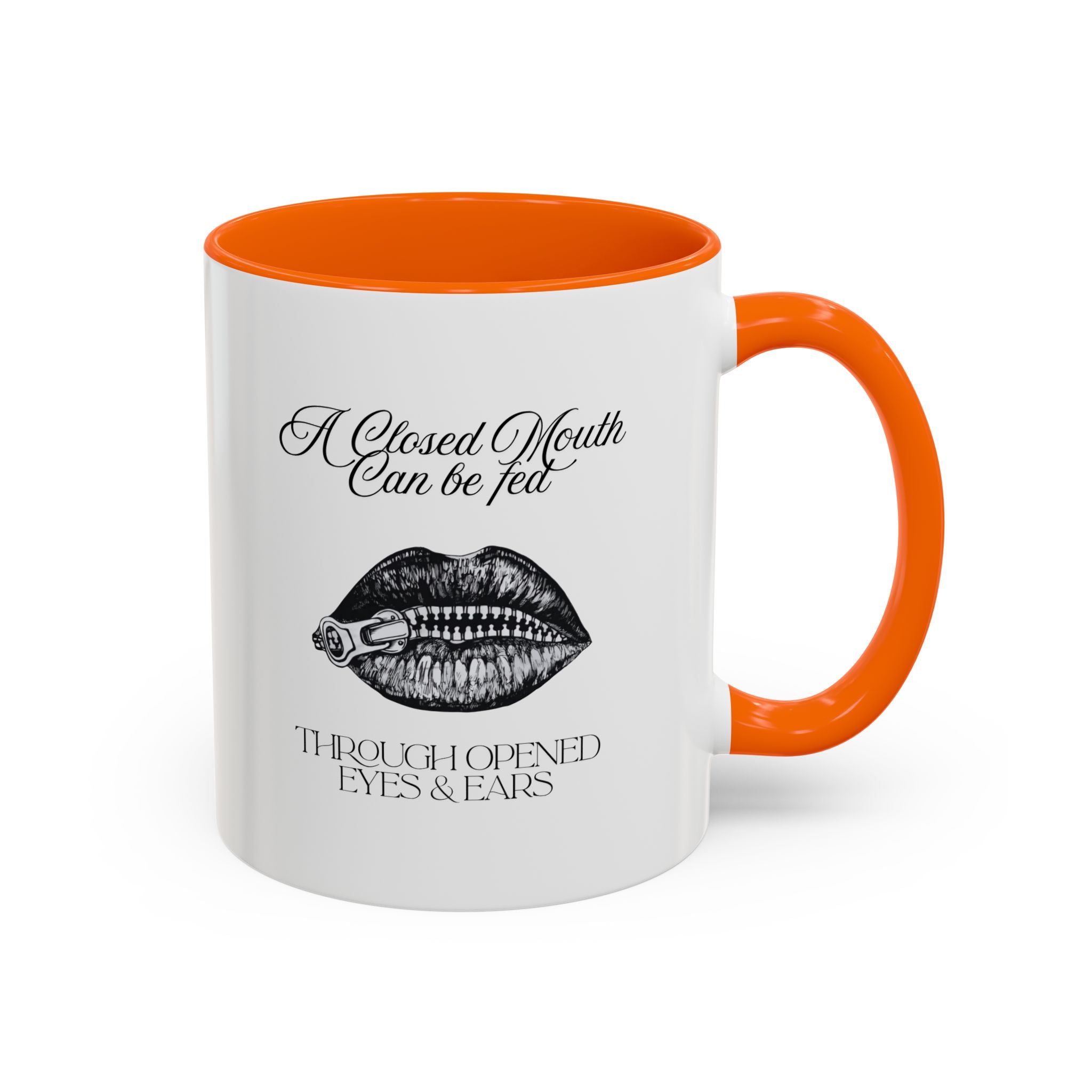Motivational Travel Ceramic Mug— "A Closed Mouth Can Be Fed" Vintage Lip Illustration Accent Mug (11/15oz)