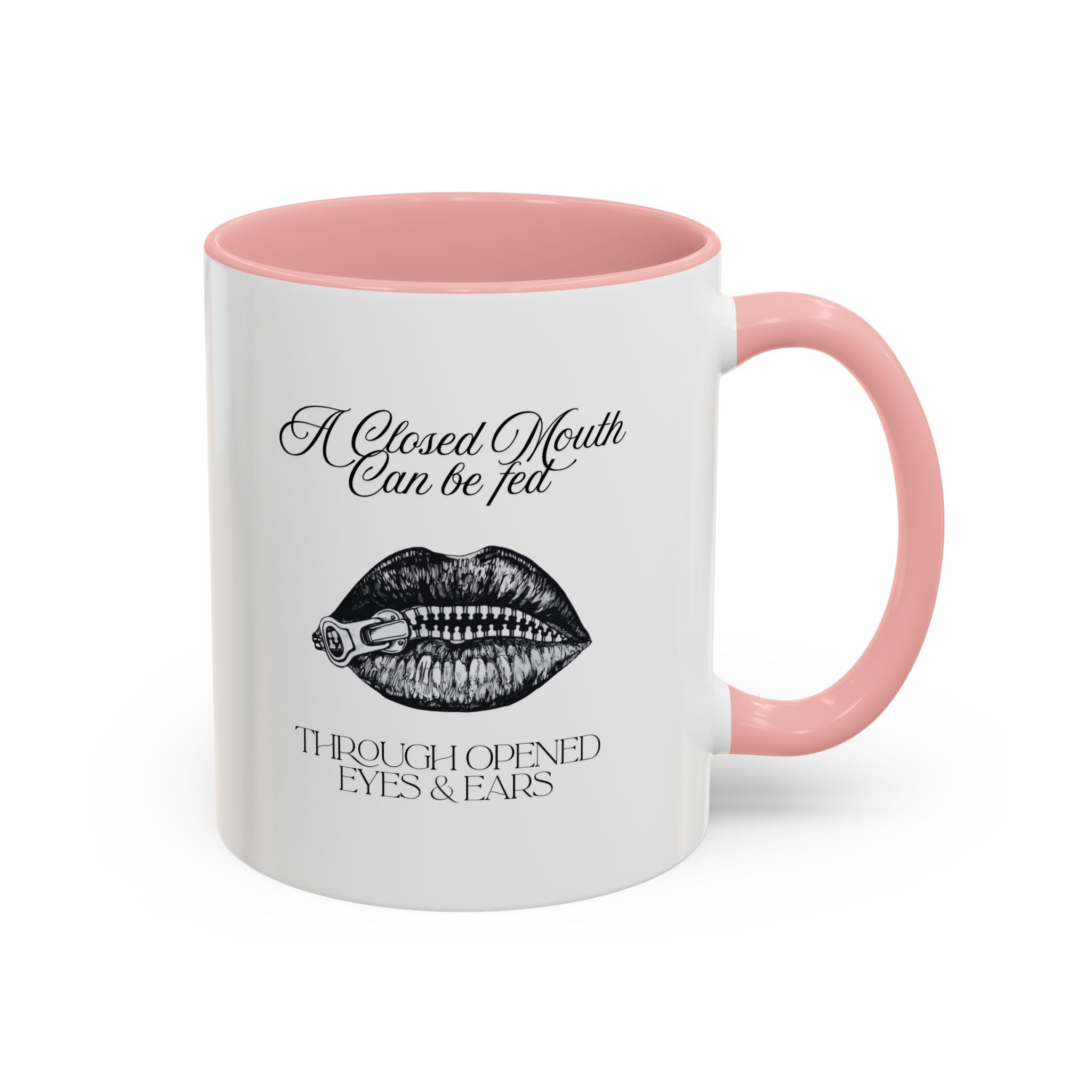 Motivational Travel Ceramic Mug— "A Closed Mouth Can Be Fed" Vintage Lip Illustration Accent Mug (11/15oz)