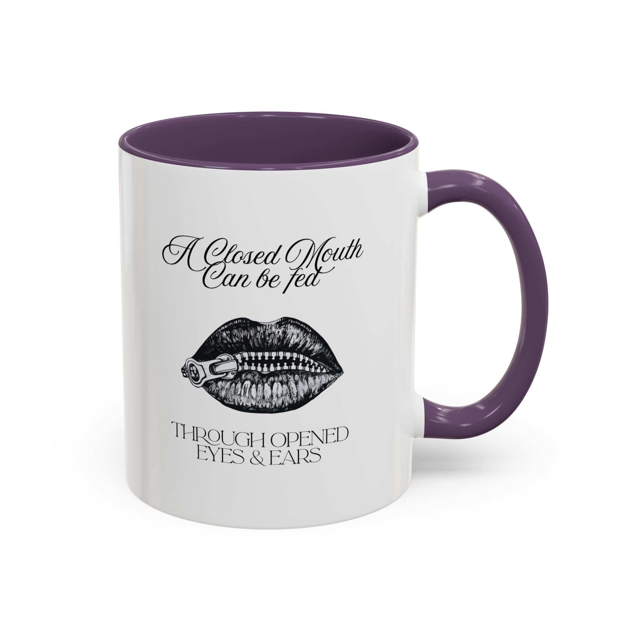 Motivational Travel Ceramic Mug— "A Closed Mouth Can Be Fed" Vintage Lip Illustration Accent Mug (11/15oz)